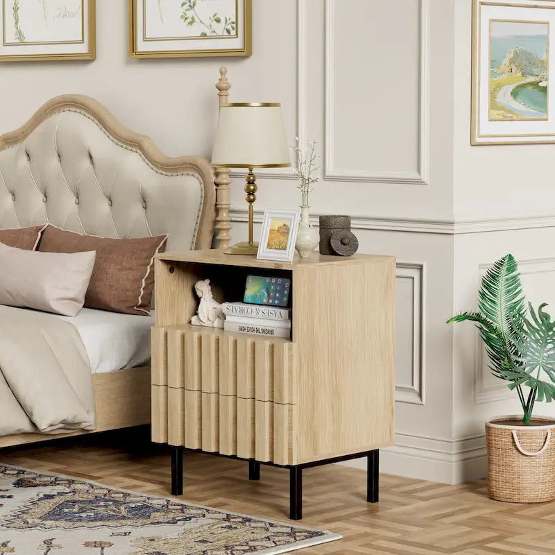 Mid Century Nightstand 2 Drawers & Storage Space Accent End Table Bedside Table