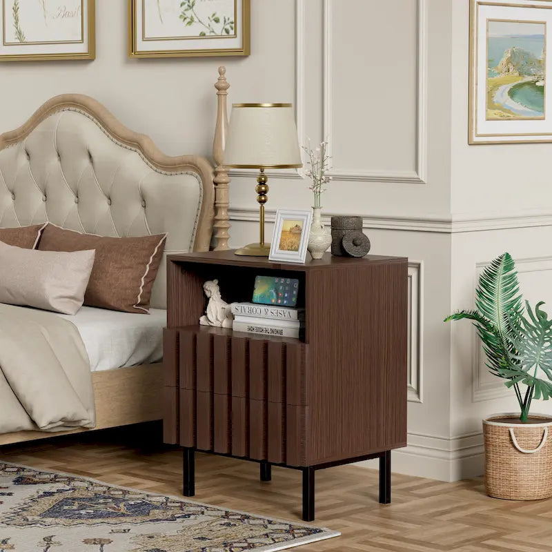 Mid Century Nightstand 2 Drawers & Storage Space Accent End Table Bedside Table