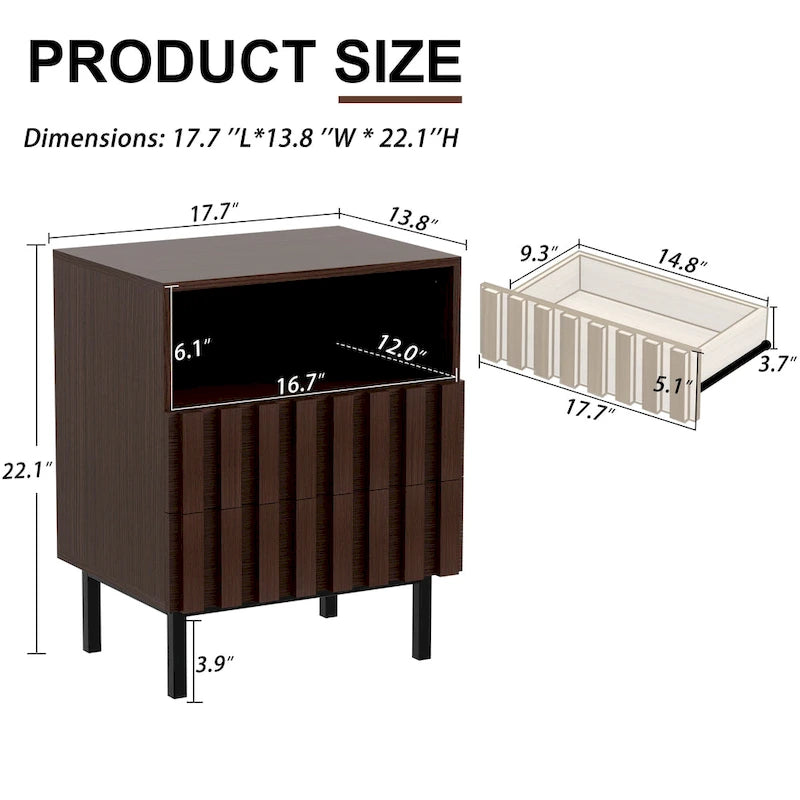 Mid Century Nightstand 2 Drawers & Storage Space Accent End Table Bedside Table