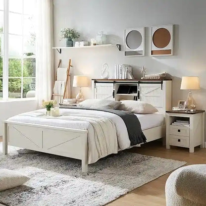 Farmhouse Full Size Bed Frame with Storage Shelves & Charging Station