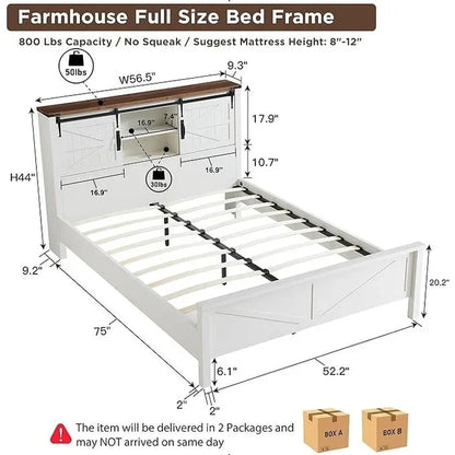 Farmhouse Full Size Bed Frame with Storage Shelves & Charging Station