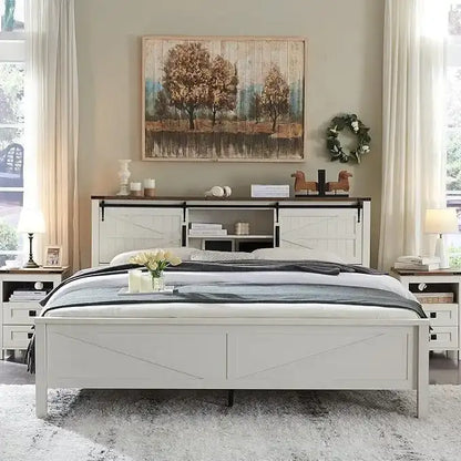Farmhouse Full Size Bed Frame with Storage Shelves & Charging Station