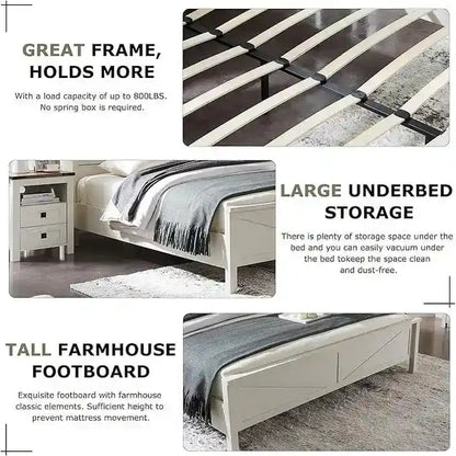 Farmhouse Full Size Bed Frame with Storage Shelves & Charging Station