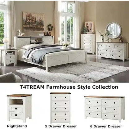 Farmhouse Full Size Bed Frame with Storage Shelves & Charging Station