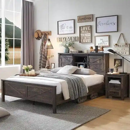 Farmhouse Full Size Bed Frame with Storage Shelves & Charging Station