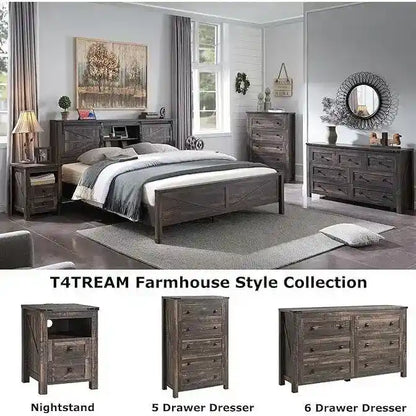 Farmhouse Full Size Bed Frame with Storage Shelves & Charging Station