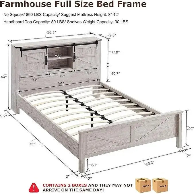Farmhouse Full Size Bed Frame with Storage Shelves & Charging Station