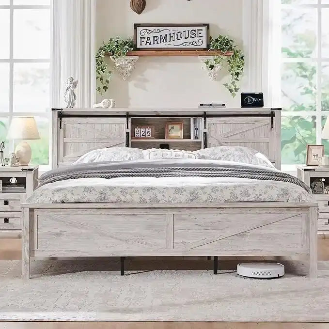 Farmhouse Full Size Bed Frame with Storage Shelves & Charging Station