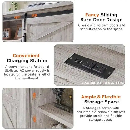 Farmhouse Full Size Bed Frame with Storage Shelves & Charging Station