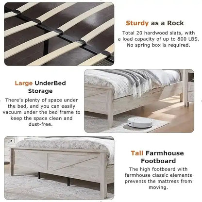 Farmhouse Full Size Bed Frame with Storage Shelves & Charging Station