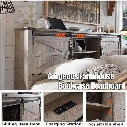 Farmhouse Full Size Bed Frame with Storage Shelves & Charging Station