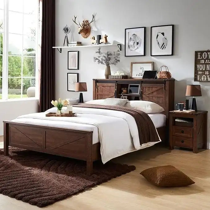 Farmhouse Full Size Bed Frame with Storage Shelves & Charging Station