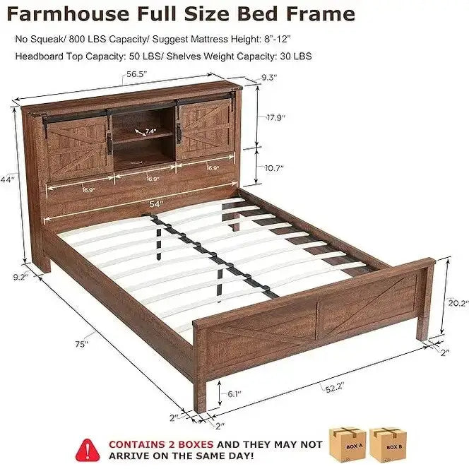 Farmhouse Full Size Bed Frame with Storage Shelves & Charging Station
