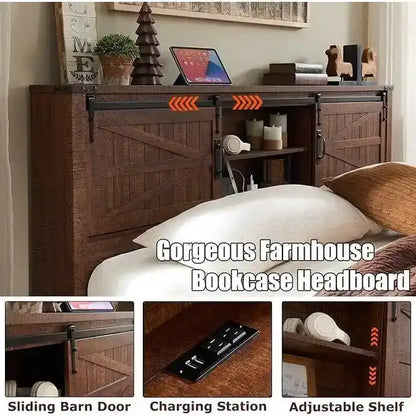 Farmhouse Full Size Bed Frame with Storage Shelves & Charging Station