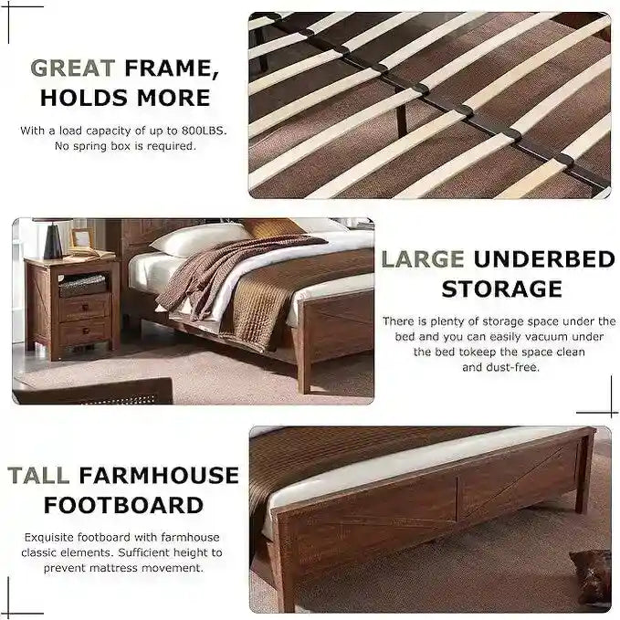 Farmhouse Full Size Bed Frame with Storage Shelves & Charging Station