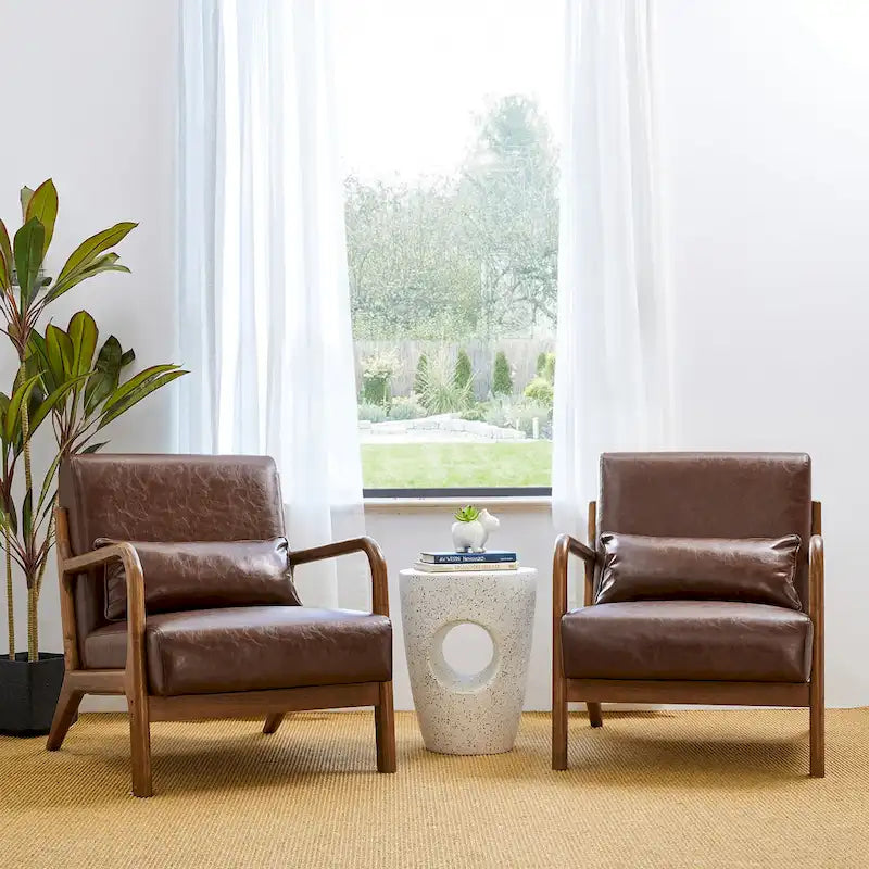 Glitzhome Set of 2 30.75H Mid-Century Modern PU Leather Accent Chairs with Cushion - 25.75W x 33.75D x 30.75H