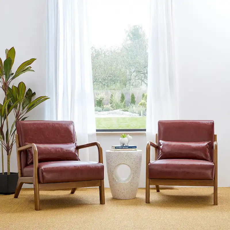 Glitzhome Set of 2 30.75H Mid-Century Modern PU Leather Accent Chairs with Cushion - 25.75W x 33.75D x 30.75H