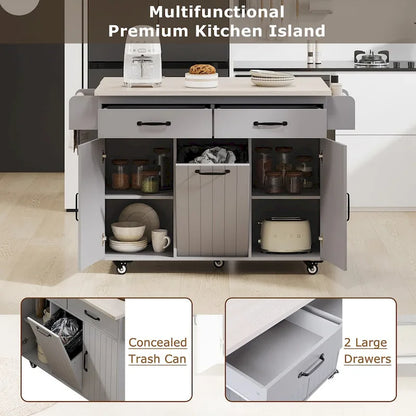 Kitchen Island with Trash Can Storage Cabinet,Kitchen Cart with Drop Leaf