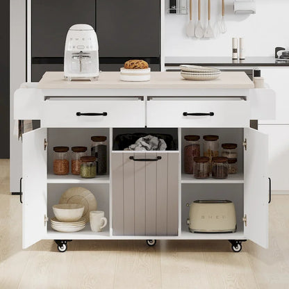 Kitchen Island with Trash Can Storage Cabinet,Kitchen Cart with Drop Leaf