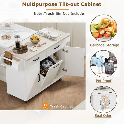 Kitchen Island with Trash Can Storage Cabinet,Kitchen Cart with Drop Leaf