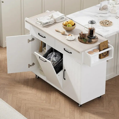 Kitchen Island with Trash Can Storage Cabinet,Kitchen Cart with Drop Leaf