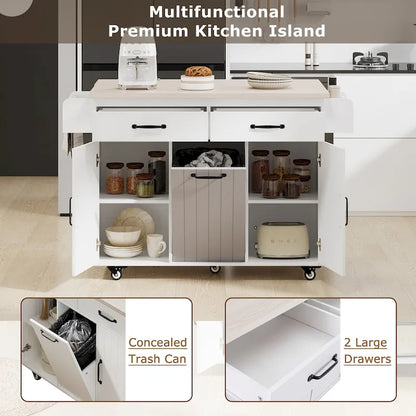 Kitchen Island with Trash Can Storage Cabinet,Kitchen Cart with Drop Leaf