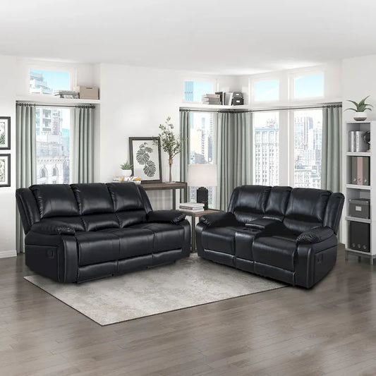 2-Piece Classic Faux Leather Manual Reclining Living Room Sofa Set with Console and Cup Holders