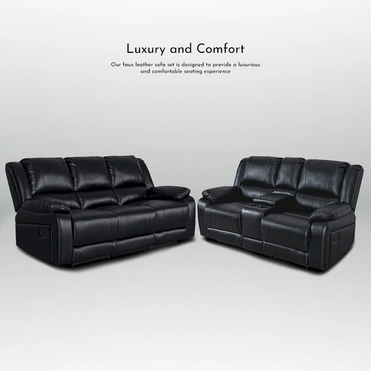 2-Piece Classic Faux Leather Manual Reclining Living Room Sofa Set with Console and Cup Holders