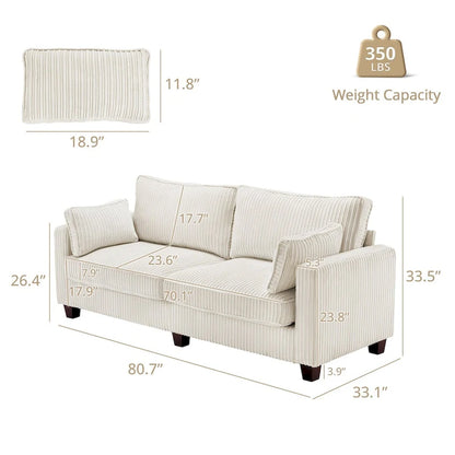 LUE BONA 81 Modern Corduroy 3 Seater Sofa, Polyester Rectangle Upholstered Sofa with Wood Base for Living Room