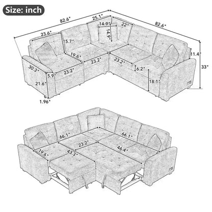 82.6-inch L-shaped Pull-out Sleeper Sofa with Wheels, USB Ports, Power Sockets - 82.6W x 82.6D x 33H