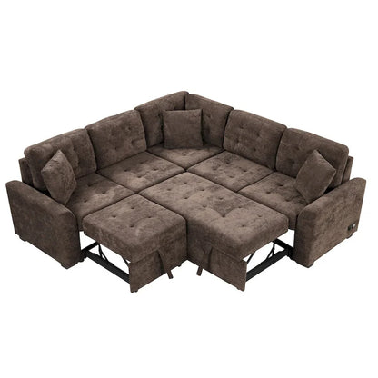 82.6-inch L-shaped Pull-out Sleeper Sofa with Wheels, USB Ports, Power Sockets - 82.6W x 82.6D x 33H