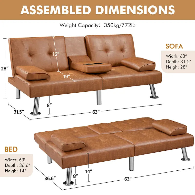 Yaheetech Faux Leather Convertible Futon Sofa Bed 3-In-1 Adjustable Futon Couch