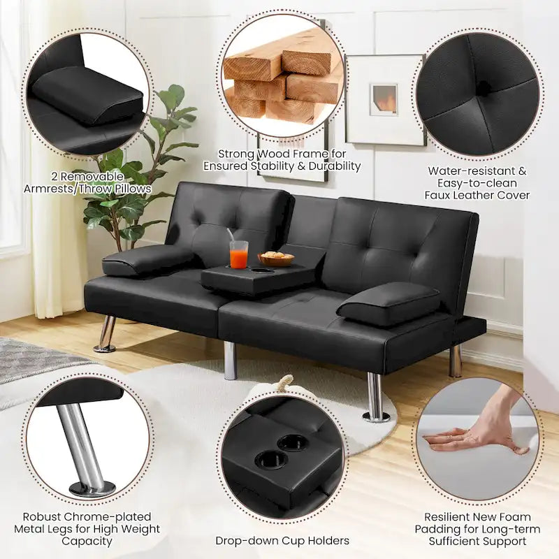Yaheetech Faux Leather Convertible Futon Sofa Bed 3-In-1 Adjustable Futon Couch