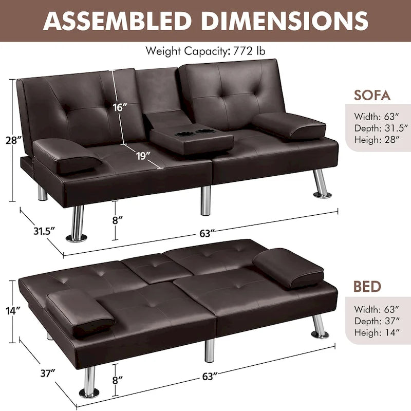 Yaheetech Faux Leather Convertible Futon Sofa Bed 3-In-1 Adjustable Futon Couch