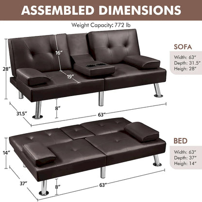 Yaheetech Faux Leather Convertible Futon Sofa Bed 3-In-1 Adjustable Futon Couch