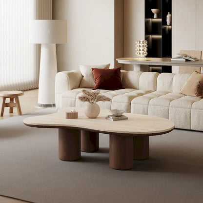 48 Modern Wood Coffee Table, Matte Stone Top, cloud Shaped