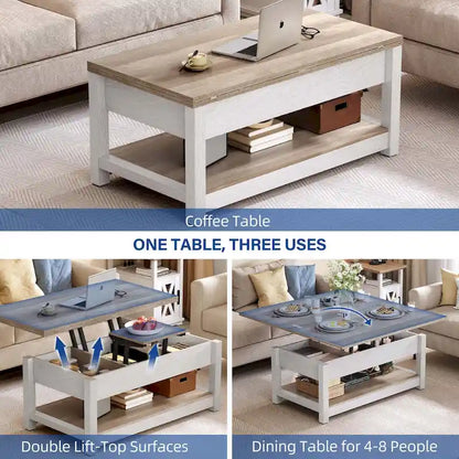 Moasis Farmhouse Lift Top Coffee Table Expandable Tabletop with Hidden Storage and Shelf for Living Room