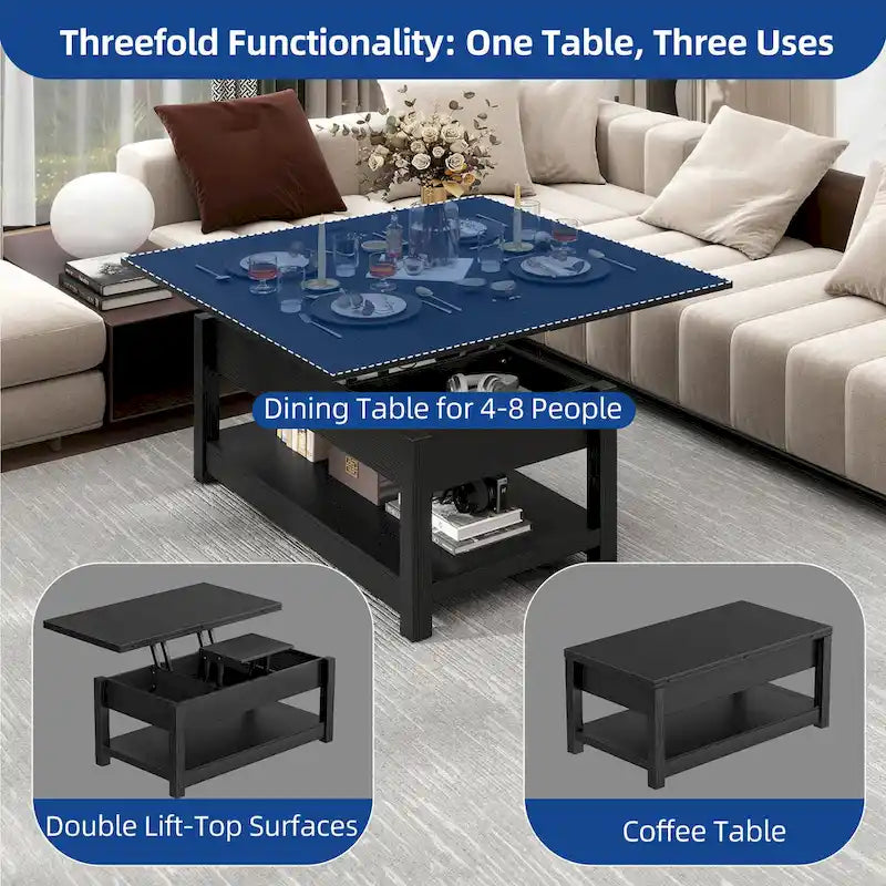 Moasis Farmhouse Lift Top Coffee Table Expandable Tabletop with Hidden Storage and Shelf for Living Room