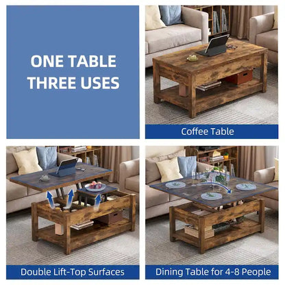 Moasis Farmhouse Lift Top Coffee Table Expandable Tabletop with Hidden Storage and Shelf for Living Room