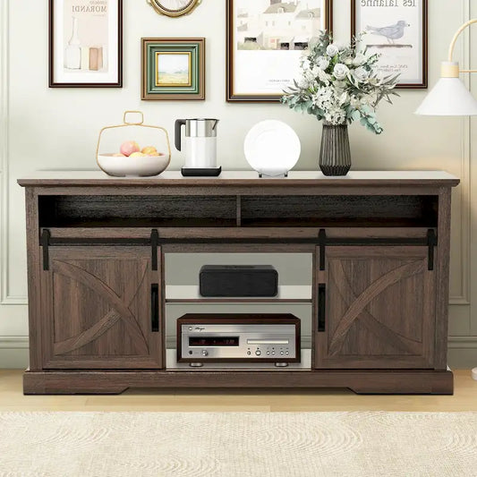 68 Walnut Sliding Barn Door TV Stand Console with Storage Open Compartment