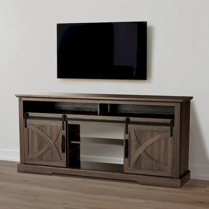 68 Walnut Sliding Barn Door TV Stand Console with Storage Open Compartment