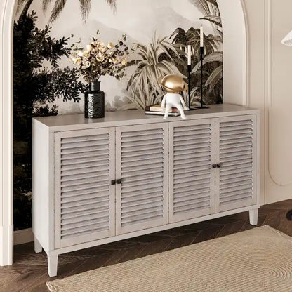 60-in Farmhouse Natural Wood Wash 4 Shutter Door Wooden Sideboard Buffet Server Accent Storage Cabinet