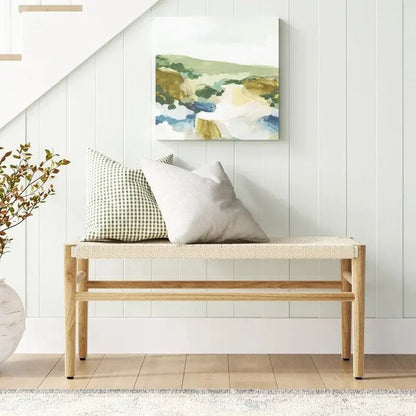 Mieres Boho Style Solid Wood Bench with Woven Rope Seat, Mid-Century Modern Indoor Ottoman with Rubber Wood Legs for Home Office