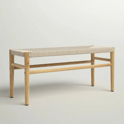 Mieres Boho Style Solid Wood Bench with Woven Rope Seat, Mid-Century Modern Indoor Ottoman with Rubber Wood Legs for Home Office