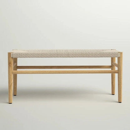 Mieres Boho Style Solid Wood Bench with Woven Rope Seat, Mid-Century Modern Indoor Ottoman with Rubber Wood Legs for Home Office
