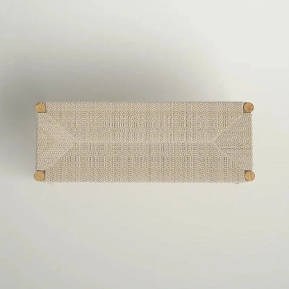 Mieres Boho Style Solid Wood Bench with Woven Rope Seat, Mid-Century Modern Indoor Ottoman with Rubber Wood Legs for Home Office