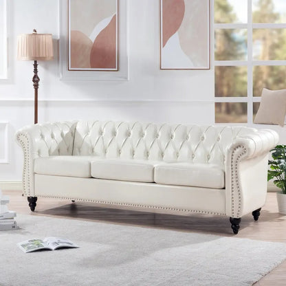 Cream 84.65 Traditional Chesterfield 3 Seater Sofa, PU Leather