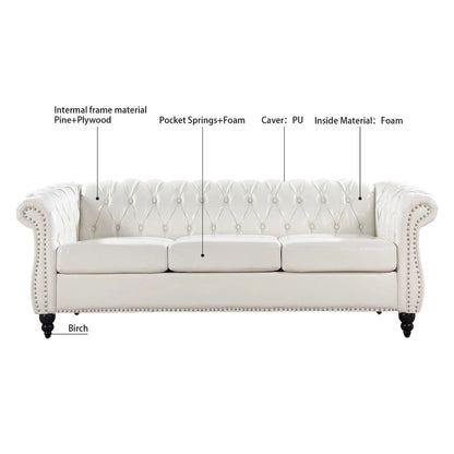 Cream 84.65 Traditional Chesterfield 3 Seater Sofa, PU Leather