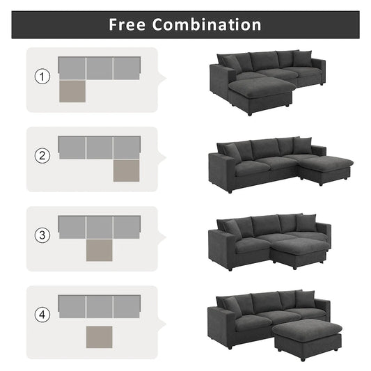 Modern Sectional Sofa,L-shaped Couch Set with 2 Free pillows,4-seat Polyester Fabric Couch Set with Convertible Ottoman