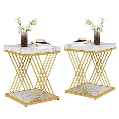 19.75 Inch Faux Marble Square End Table, Modern Bedside Tables, Gold Accent Table Living Room